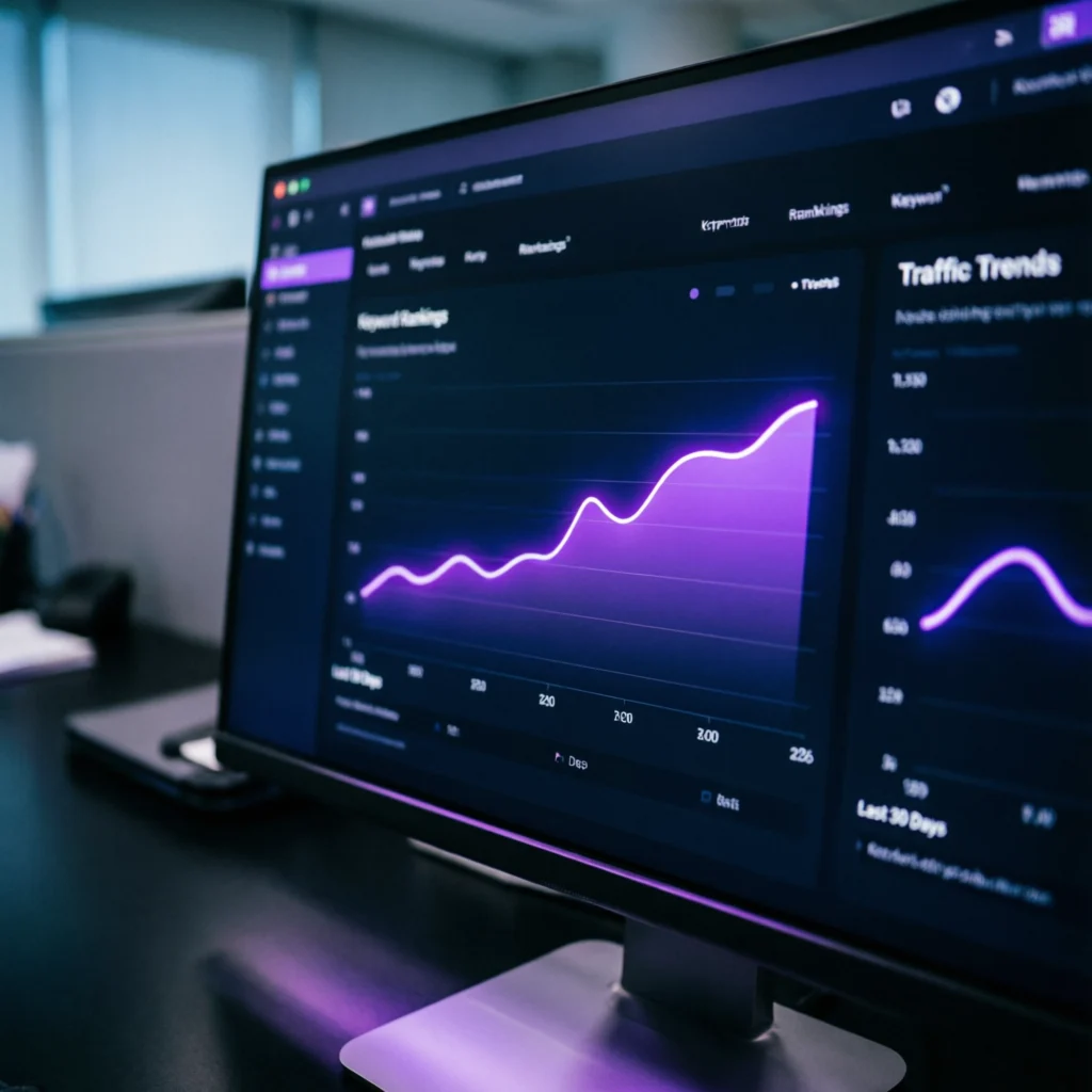 SEO analytics dashboard showing rising organic traffic trends