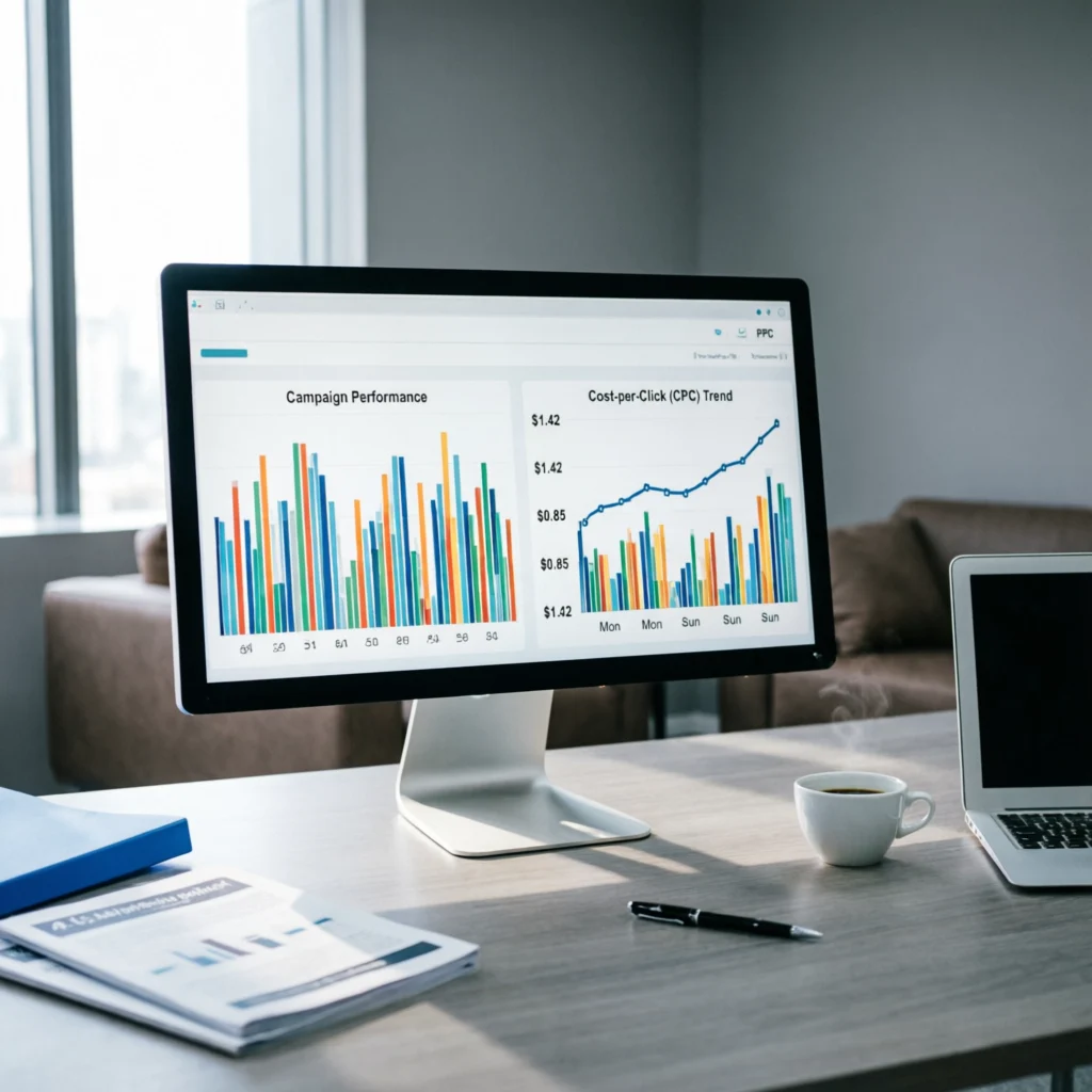 Paid advertising performance dashboard with ROAS and conversion charts