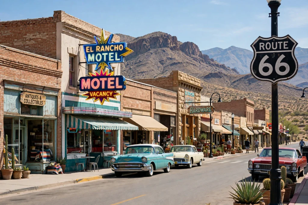 Historic Route 66 main street in Kingman Arizona with neon signs and classic cars