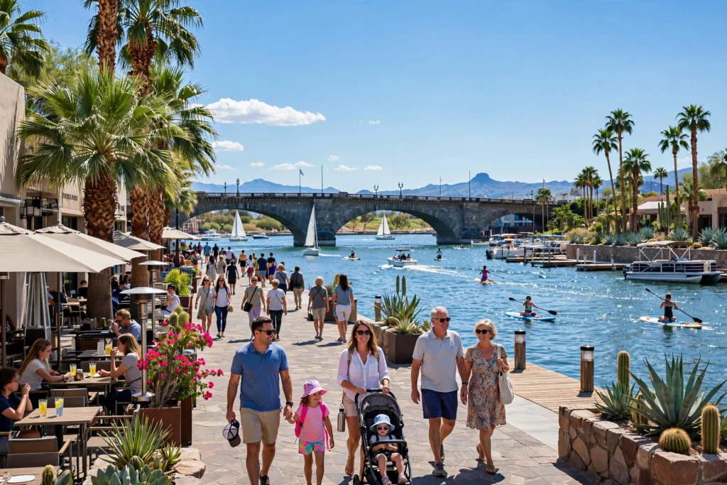 London Bridge over Lake Havasu with boats on the water in bright daylight