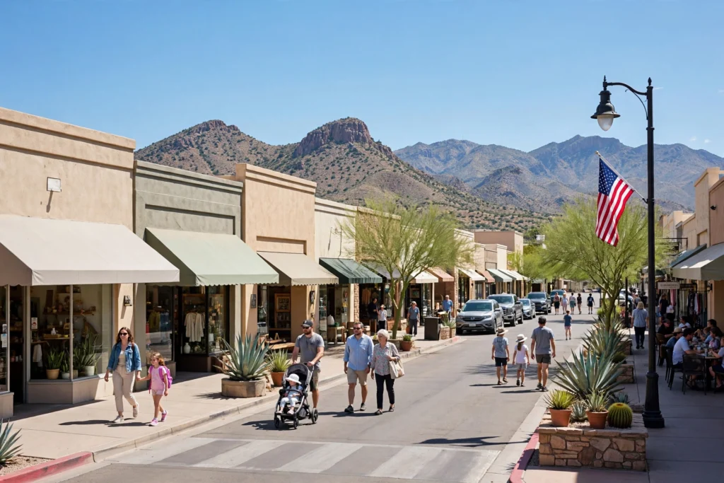 Sunny main street in Sierra Vista with Huachuca Mountains in the background