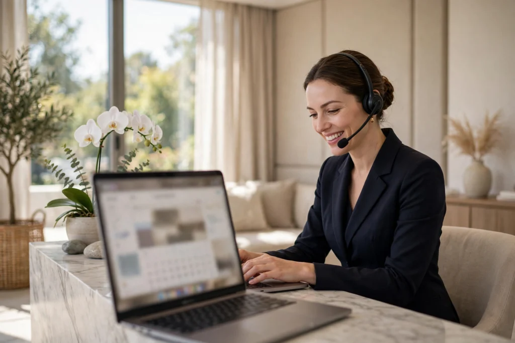 Front desk of a med spa with staff member answering phone, bright daylight