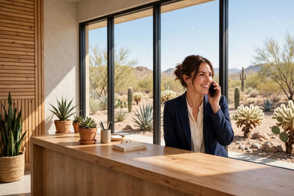 AI receptionist cost in Gilbert AZ, front desk professional answering a phone in a bright Arizona office