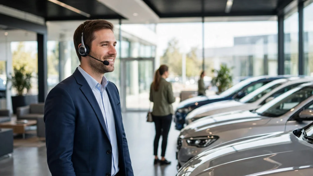 Car dealership showroom with SUVs on polished floor, salesperson greeting customer at front desk, bright daylight