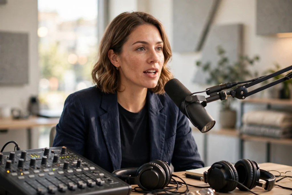 Podcast host speaking into a studio microphone in a bright modern recording studio