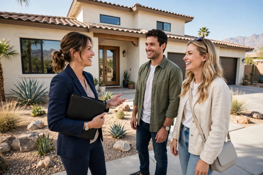 Real estate agent showing a Phoenix home to a young couple