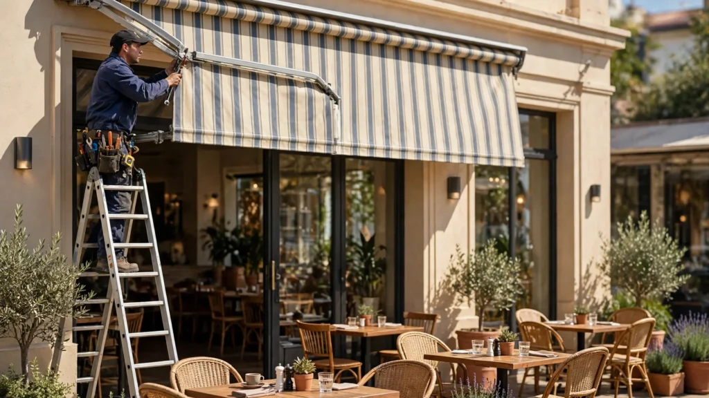 Technician installing a retractable awning on a sunny restaurant patio