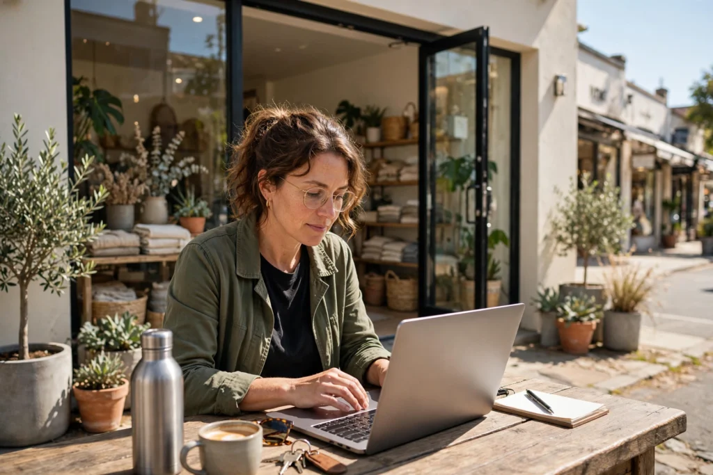 Small business owner updating Google Business Profile on a laptop outside storefront