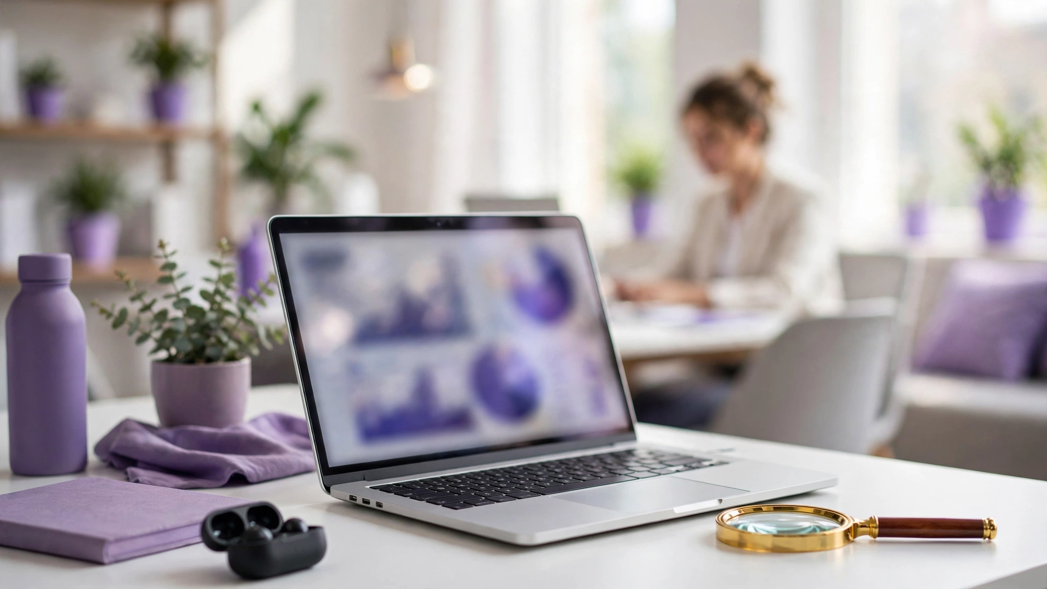 Laptop showing SEO analytics with magnifying glass