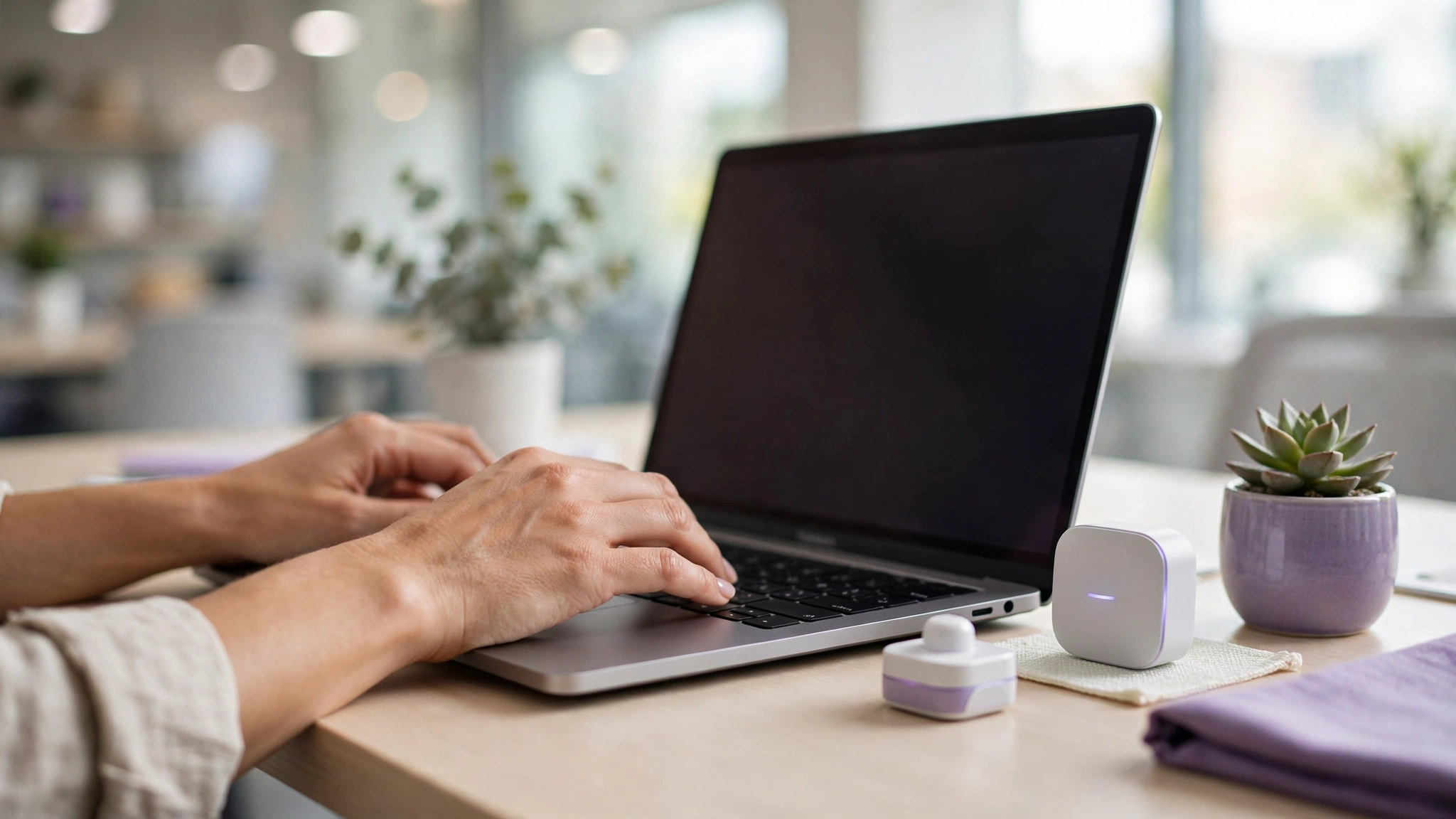 Hands typing on laptop with smart devices