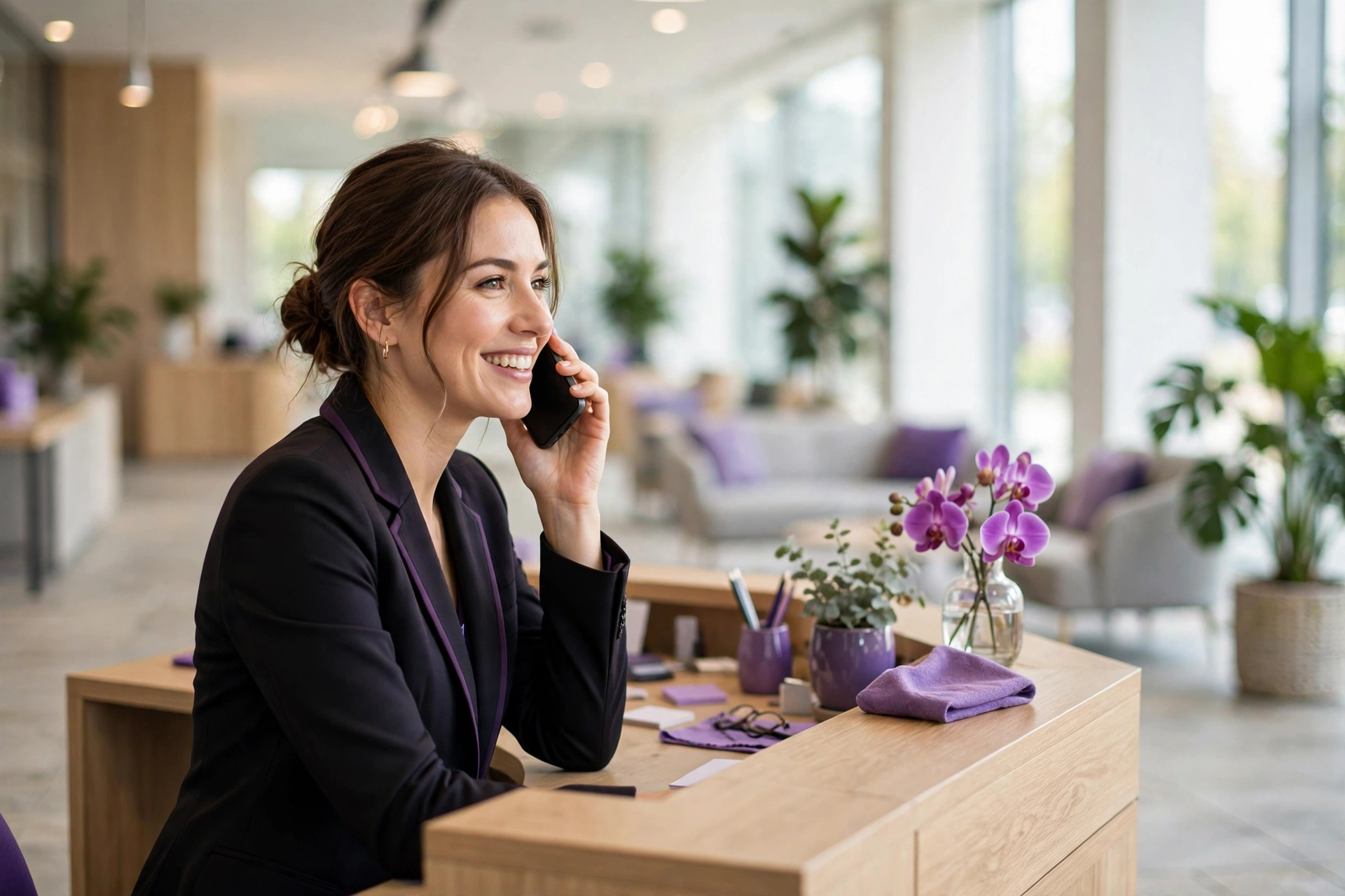 Receptionist answering phone at front desk
