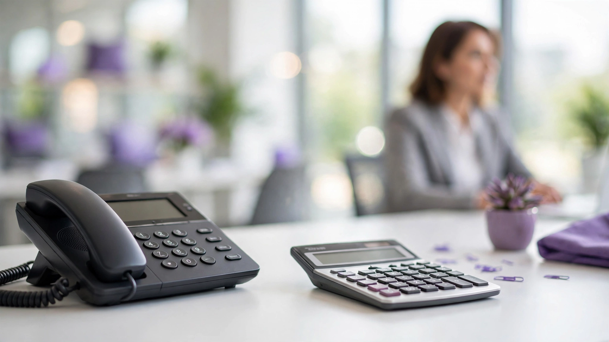 Desk phone and calculator on office desk