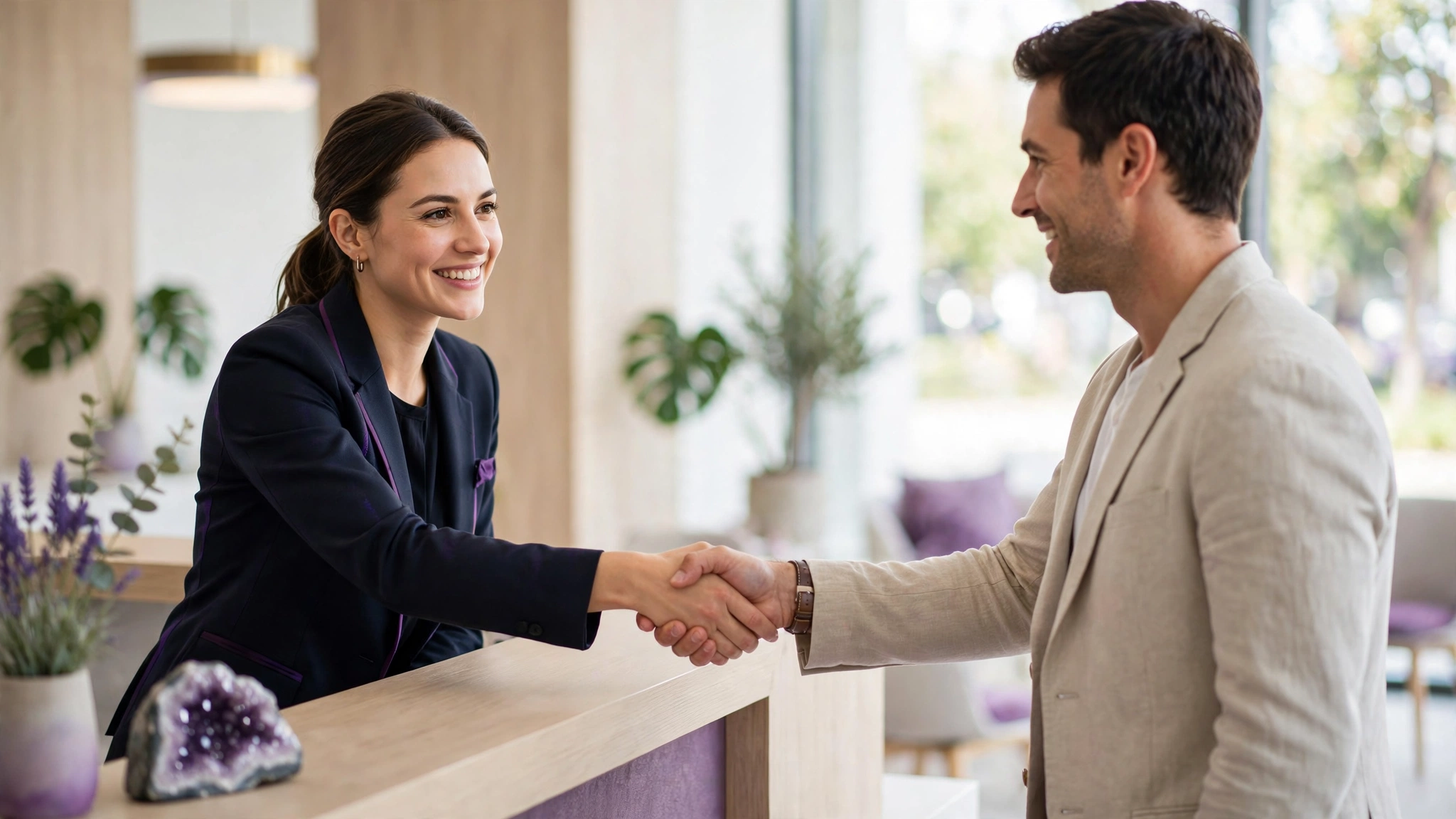 Receptionist shaking hands with client