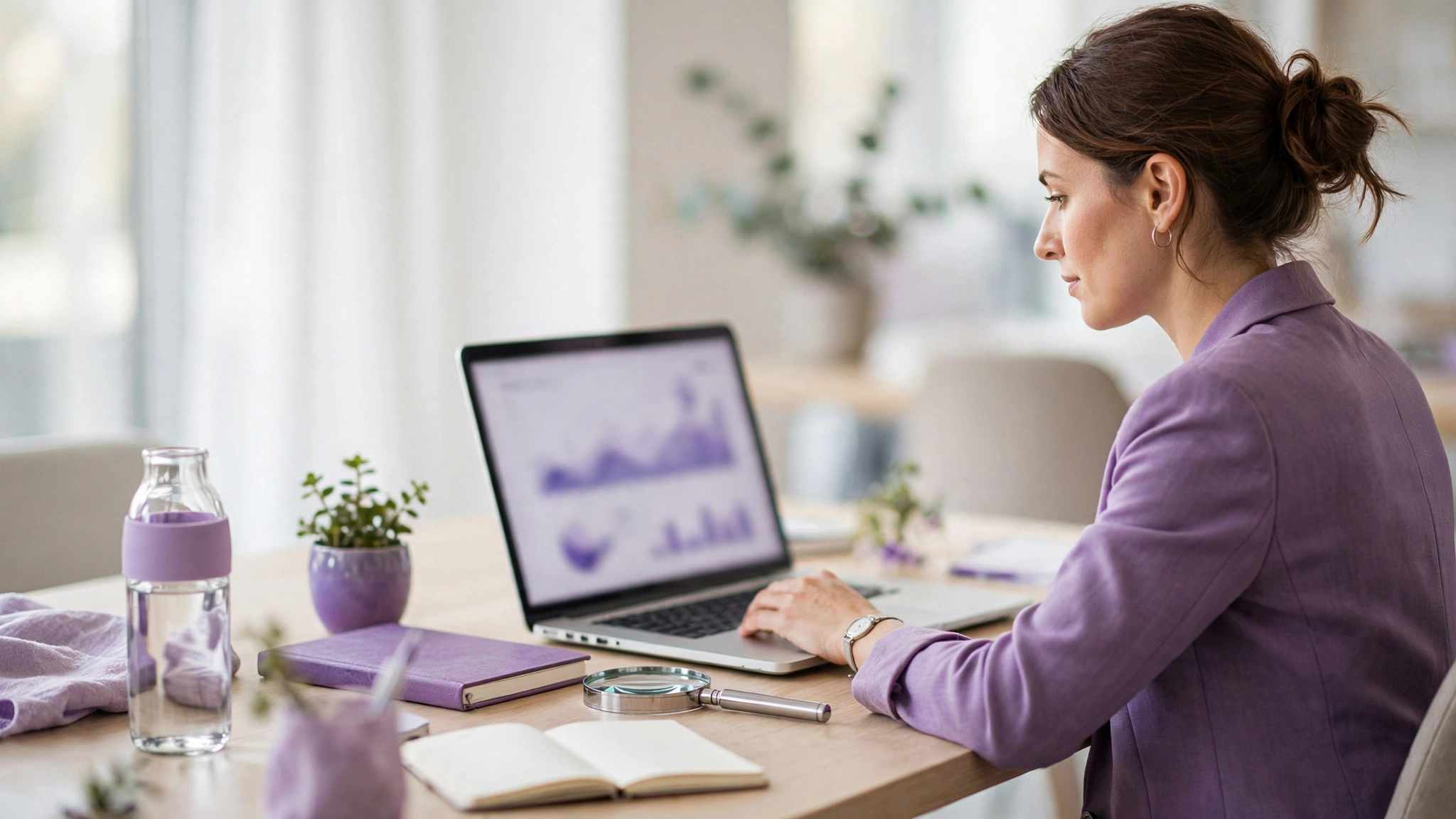 Laptop with SEO audit charts and magnifying glass