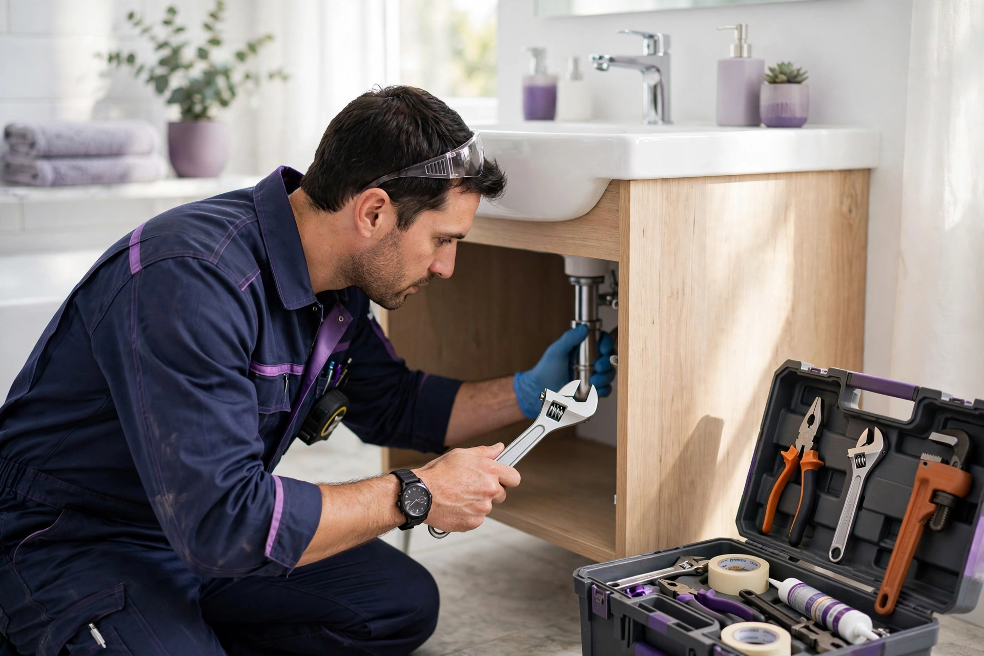 Plumber fixing sink in modern bathroom