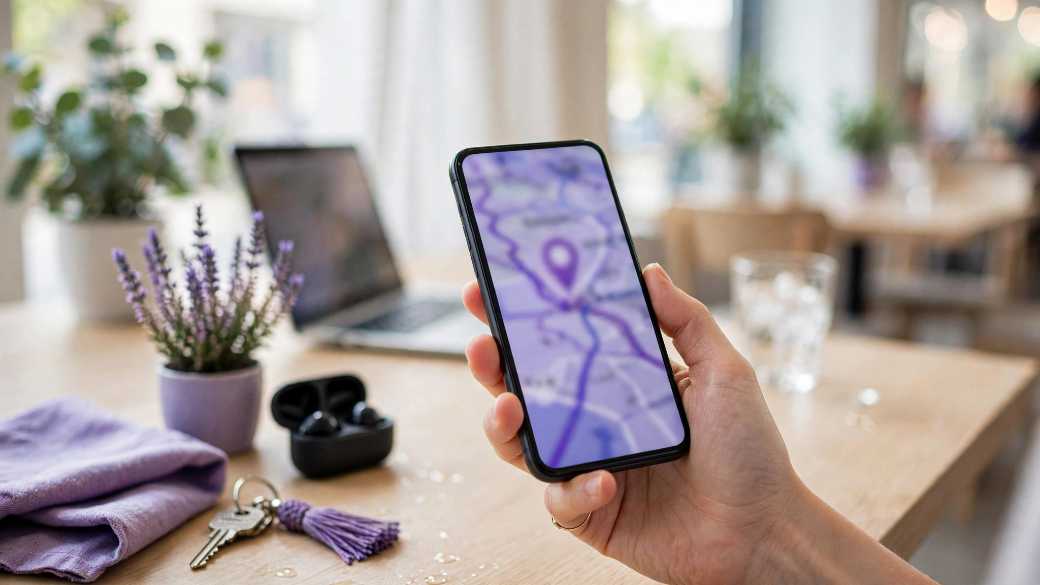 Hand holding smartphone with map over café table