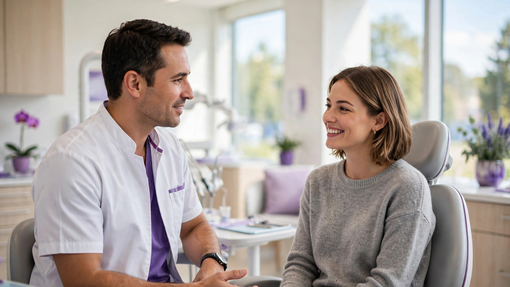 Dentist consulting patient in bright clinic