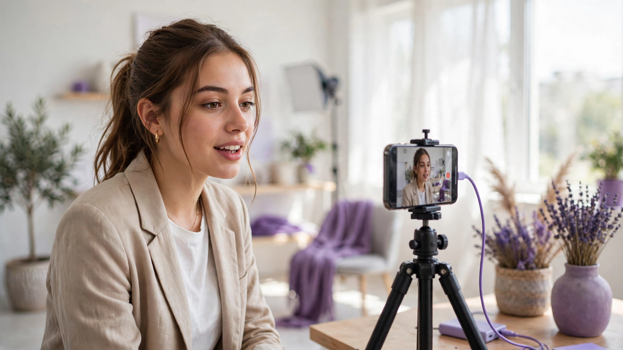 Woman filming content with phone on tripod