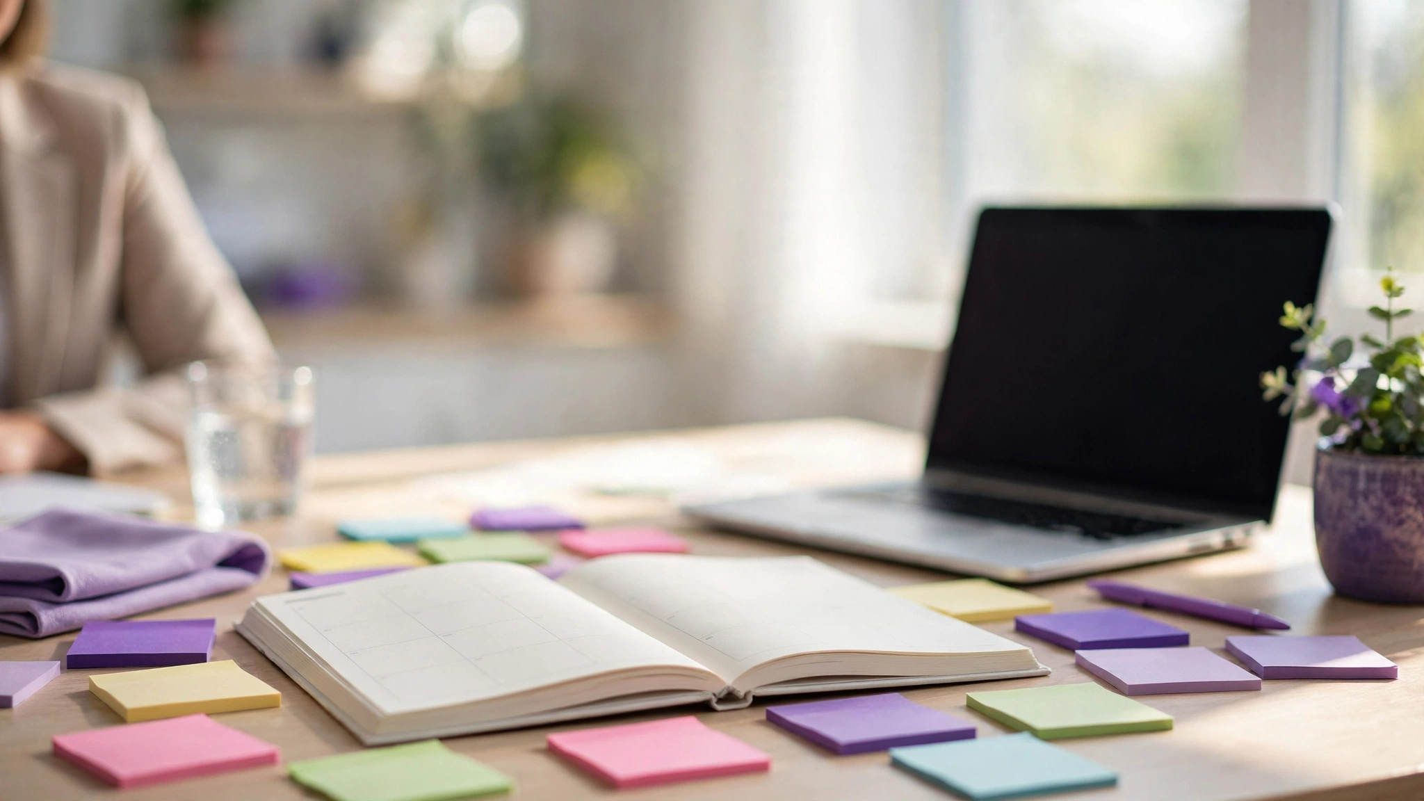 Desk with planner calendar and sticky notes