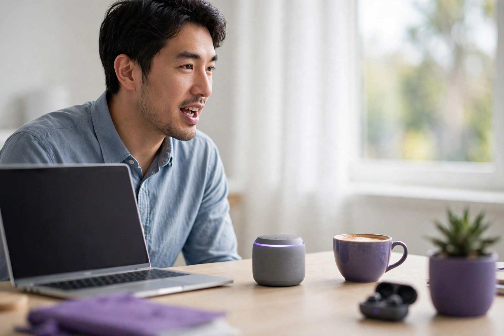 Person speaking to smart speaker