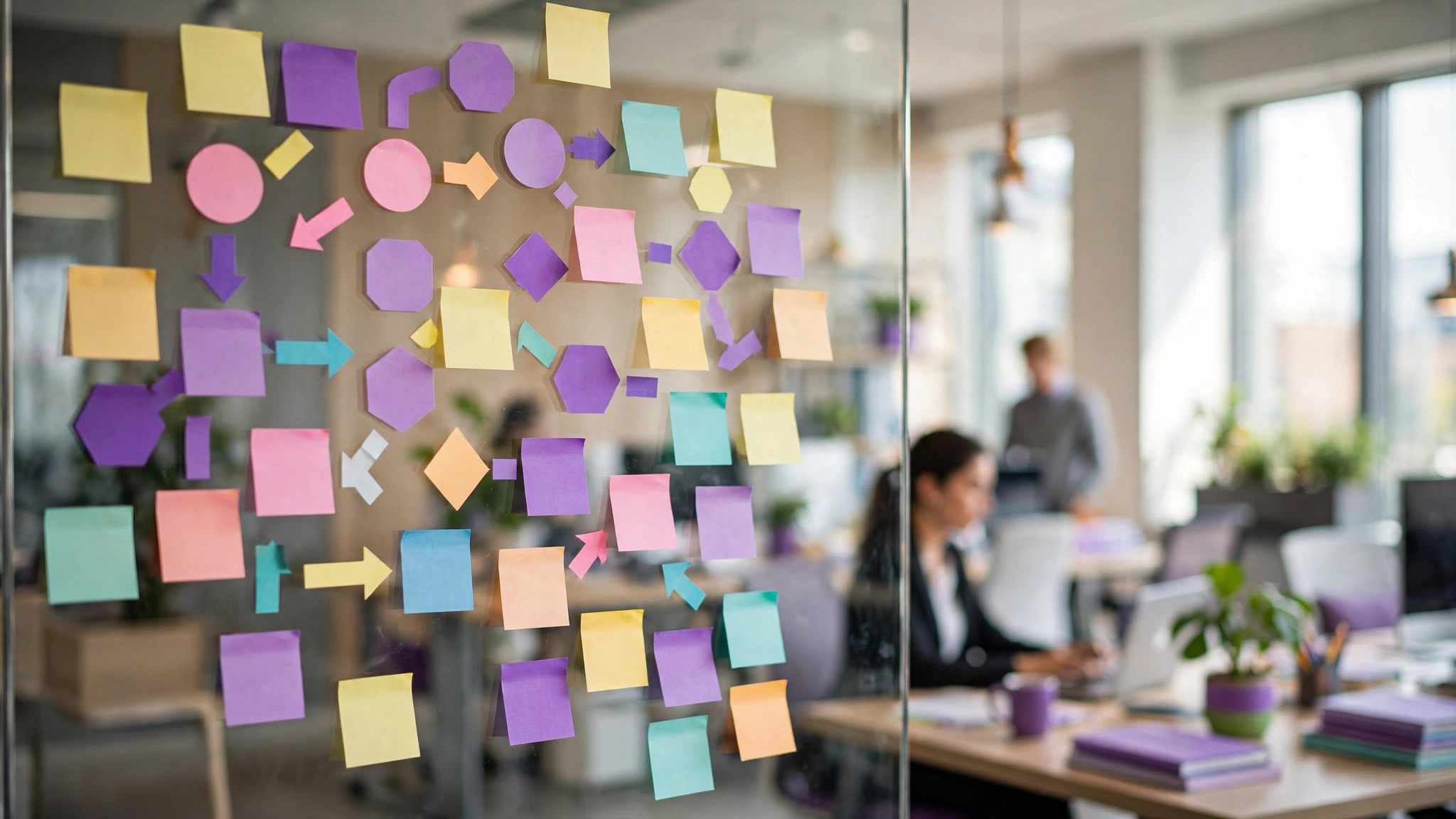 Sticky-note flowchart on glass office wall