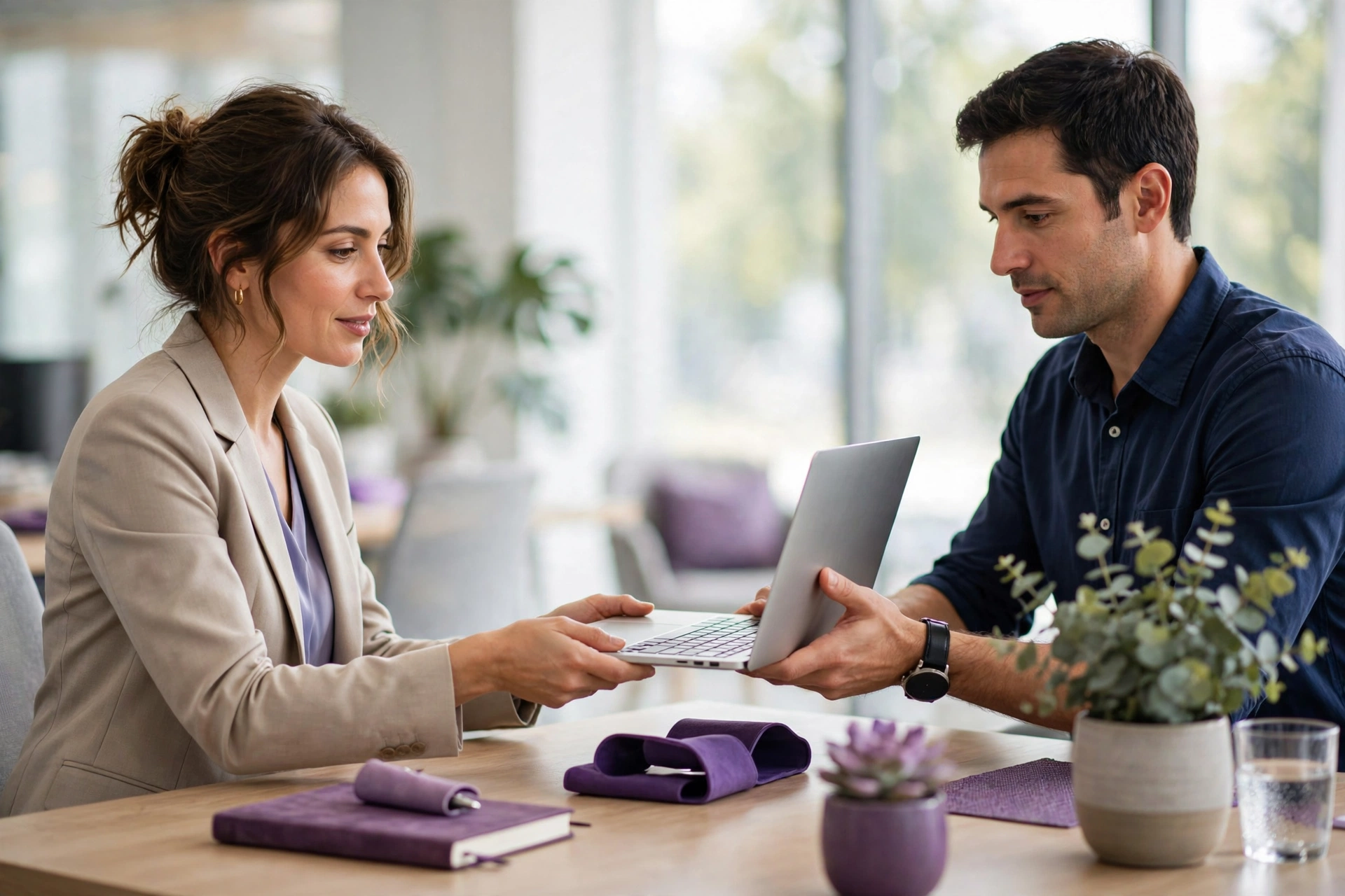Colleagues exchanging laptop at desk
