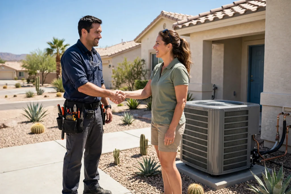 HVAC technician shaking hands with happy homeowner next to new AC unit in Phoenix