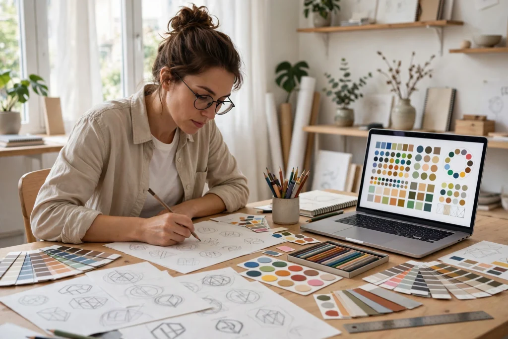 Brand designer working on logo sketches and color swatches in a bright studio