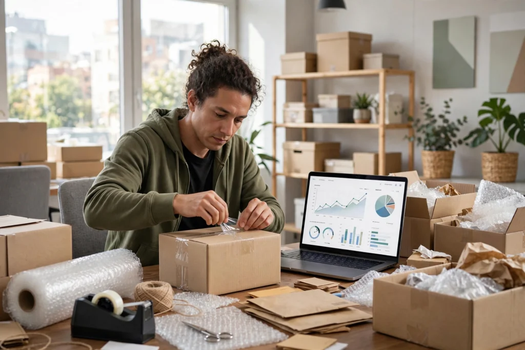 Small business owner packing online orders next to a laptop in a bright office