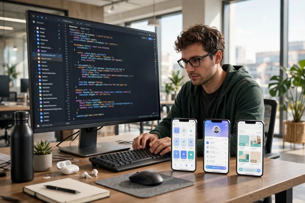 Mobile app developer working on Flutter code with smartphone mockups in a bright office