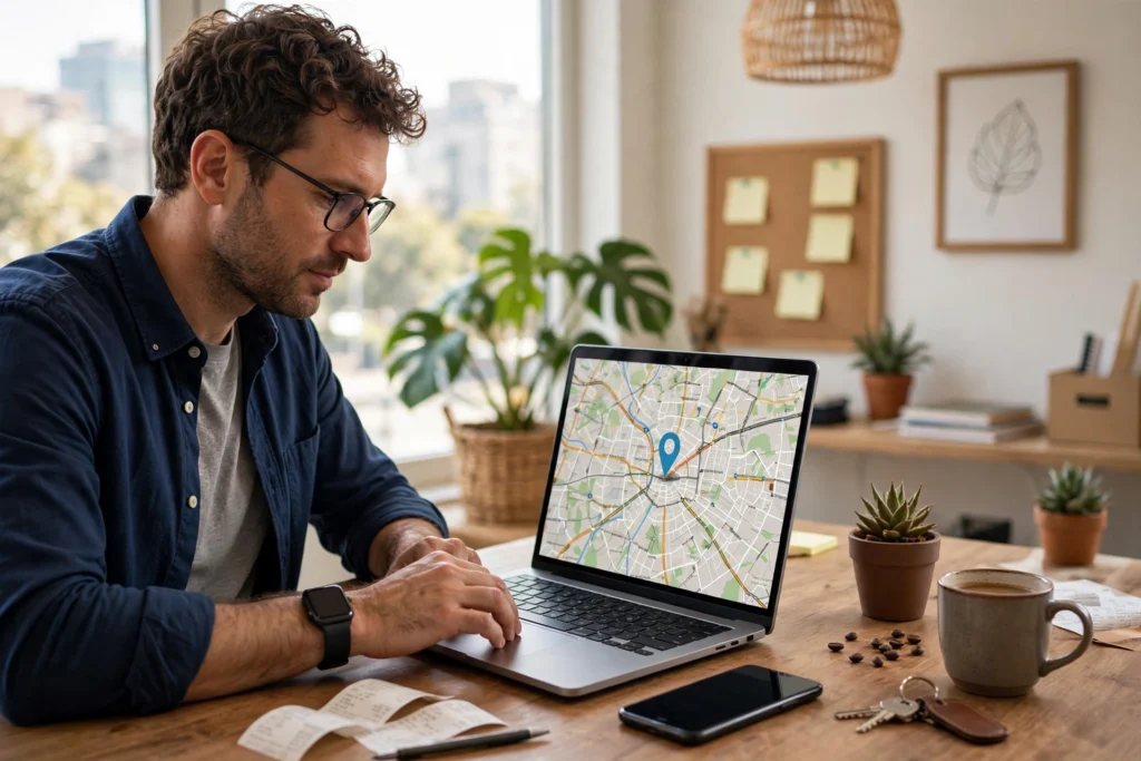 Small business owner updating their business listing on a laptop showing a map