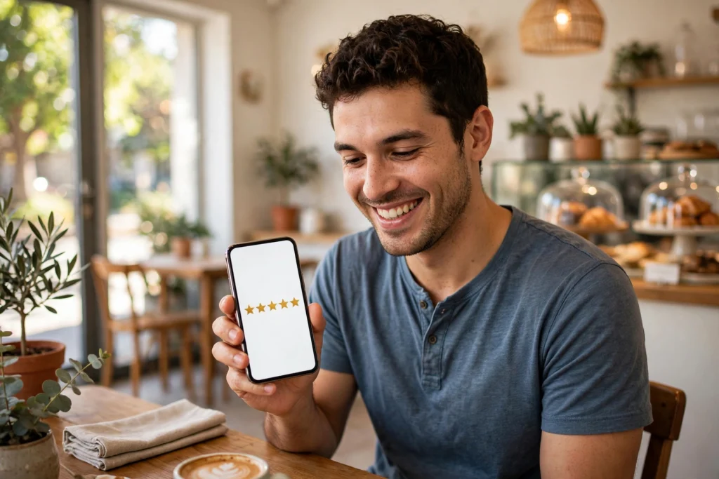 Happy customer leaving a five star review on a smartphone in a bright cafe