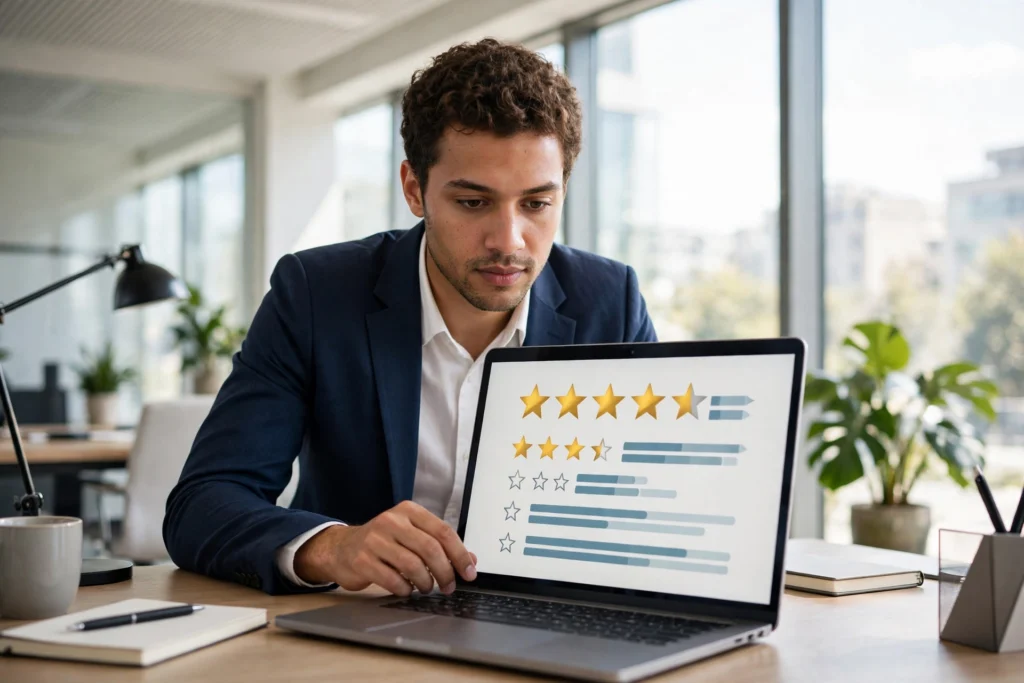 Business professional reviewing customer star ratings on a laptop
