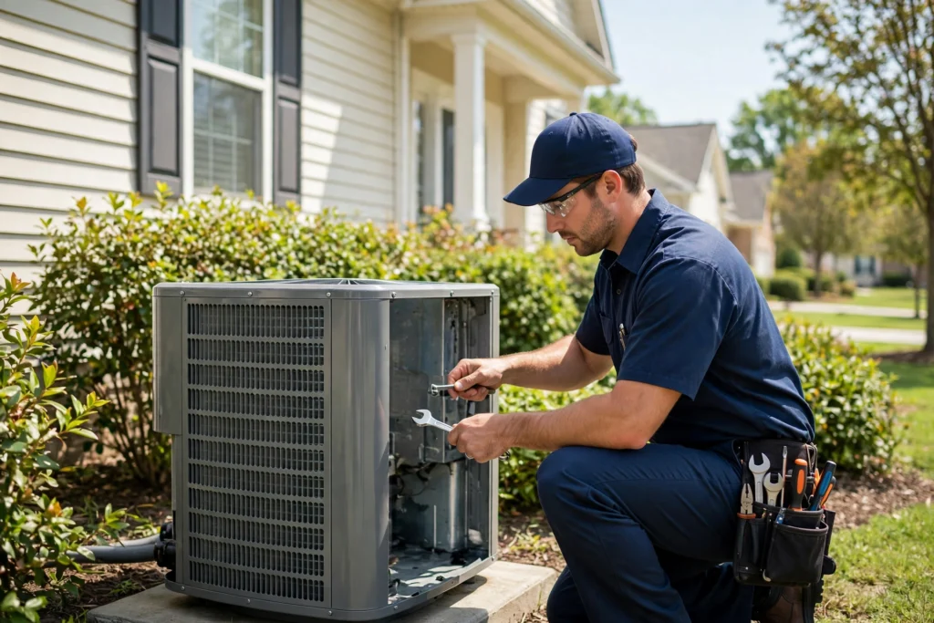 HVAC technician servicing an outdoor air conditioning unit at a suburban home