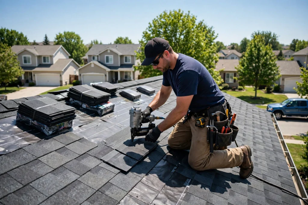 Professional roofer installing shingles on a residential roof