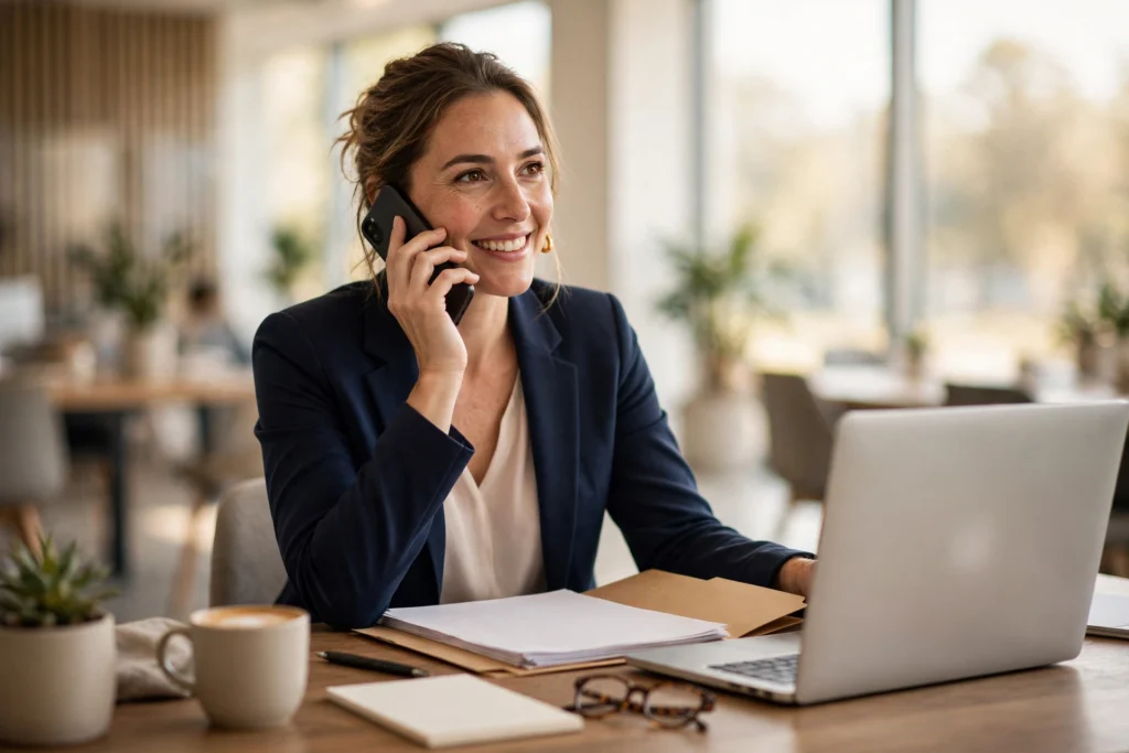 Insurance agent on a phone call with a client in a bright modern office