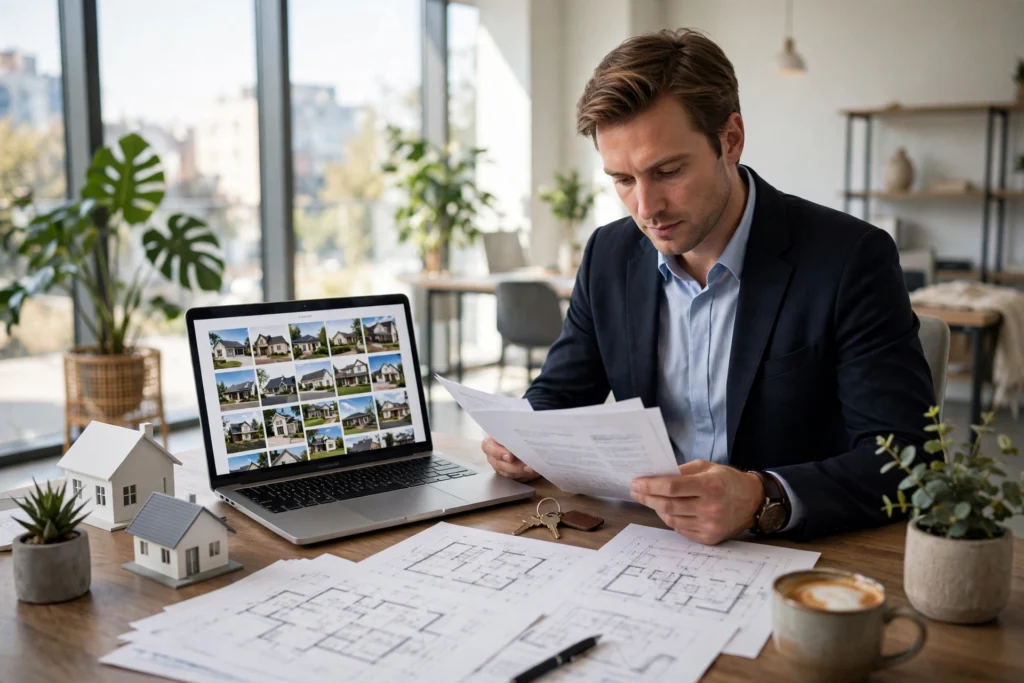 Real estate investor reviewing property listings and documents in a bright office