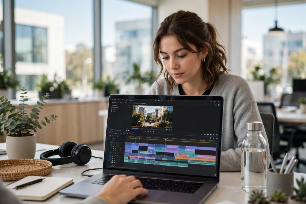 Digital marketer editing a video ad on a laptop in a bright office