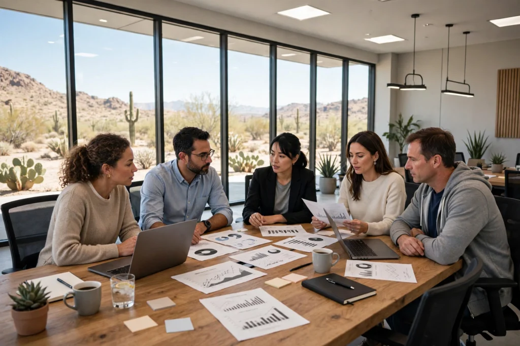 Phoenix marketing team reviewing SEO reports at a conference table