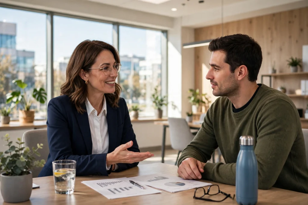Insurance agent advising a client in a bright agency office