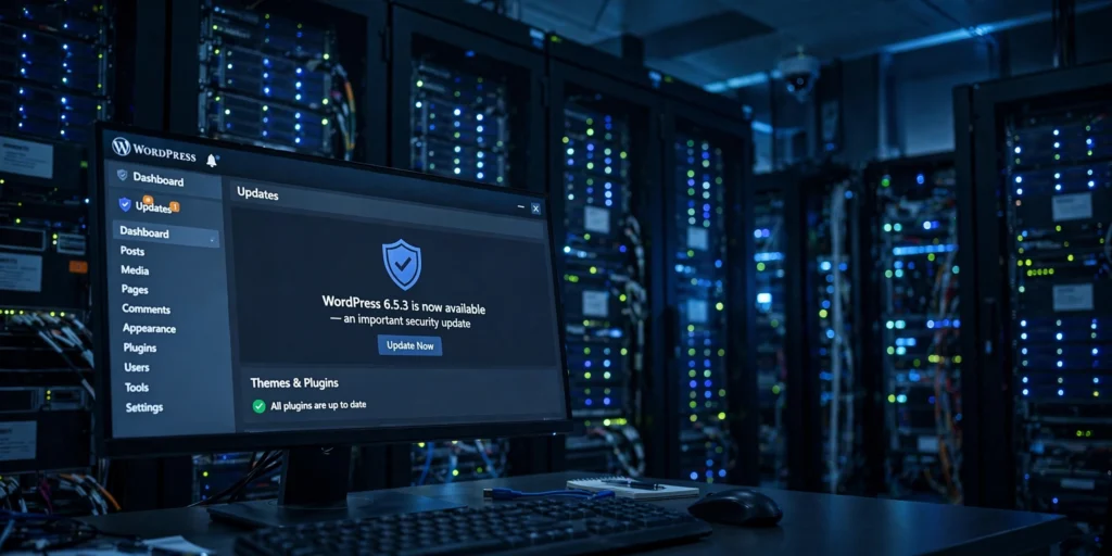 WordPress maintenance service: secure server room with WordPress dashboard on a monitor