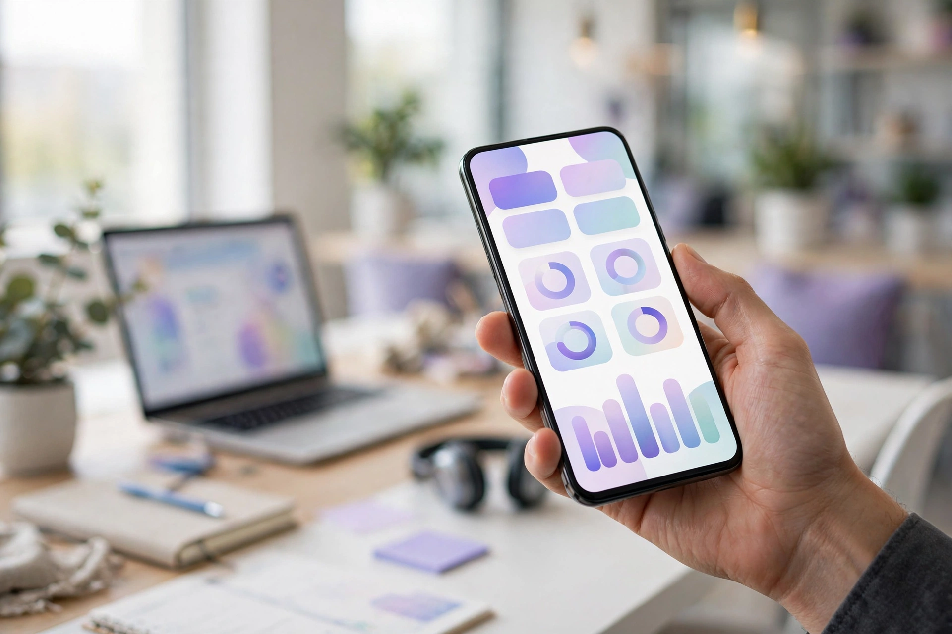 Mobile app interface on a smartphone in a bright modern office