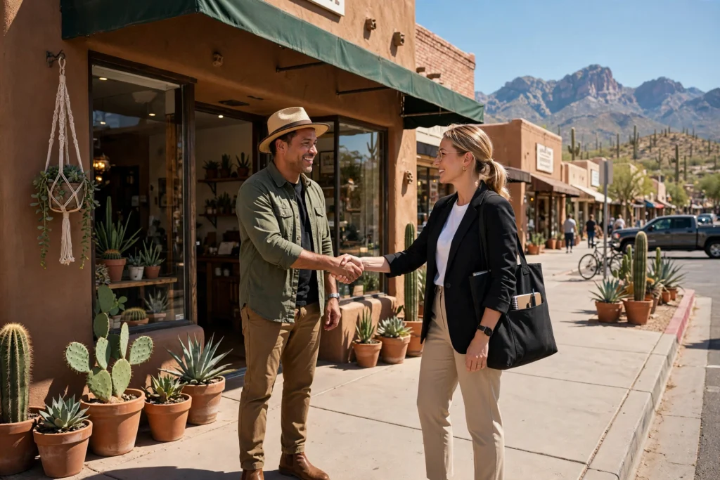Business owner shaking hands with SEO consultant on a Tucson street