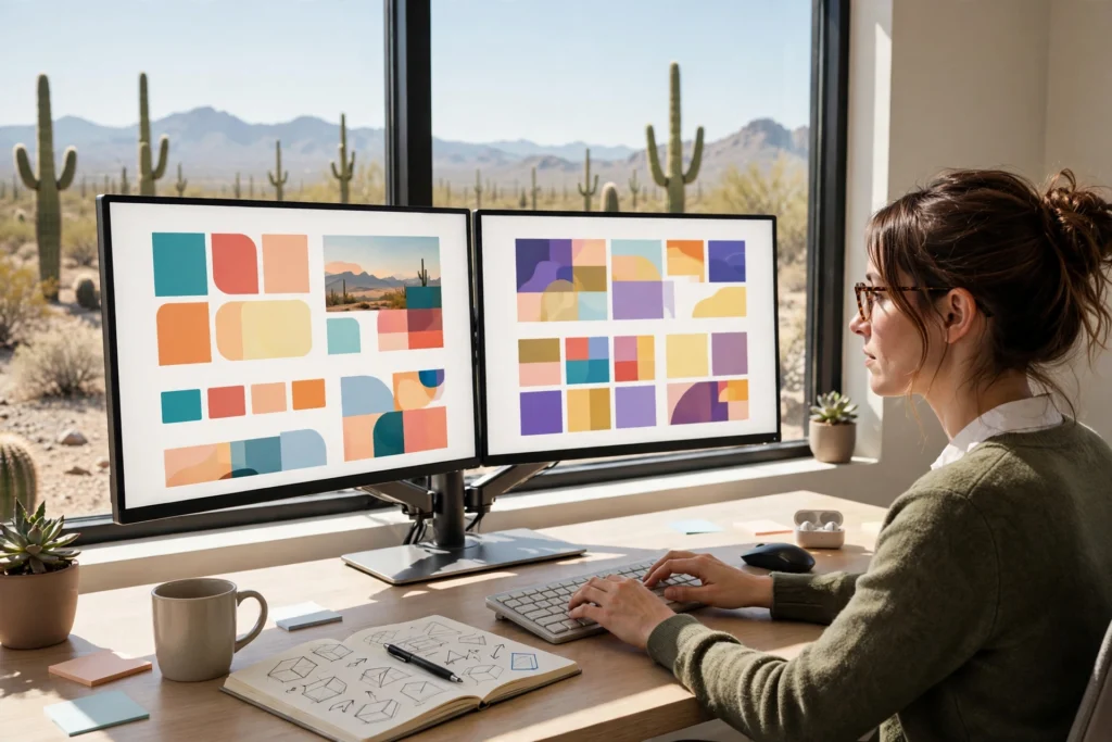 Web designer working at dual monitors with Tucson desert view through window